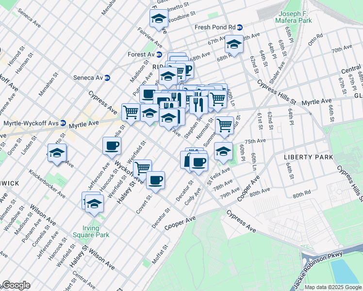 map of restaurants, bars, coffee shops, grocery stores, and more near 17-33 Norman Street in Queens