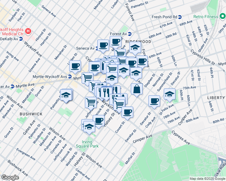 map of restaurants, bars, coffee shops, grocery stores, and more near 16-55 Weirfield Street in Queens