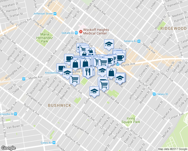 map of restaurants, bars, coffee shops, grocery stores, and more near 288 Grove Street in Brooklyn