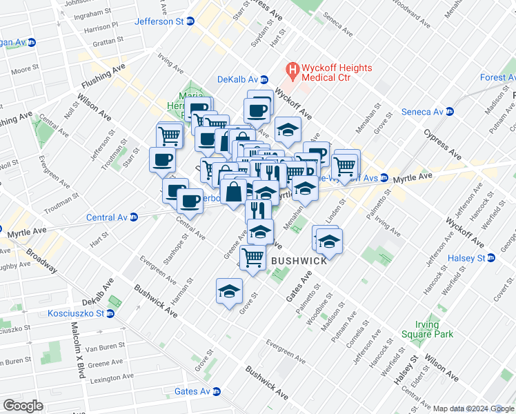 map of restaurants, bars, coffee shops, grocery stores, and more near 1285 Greene Avenue in Brooklyn