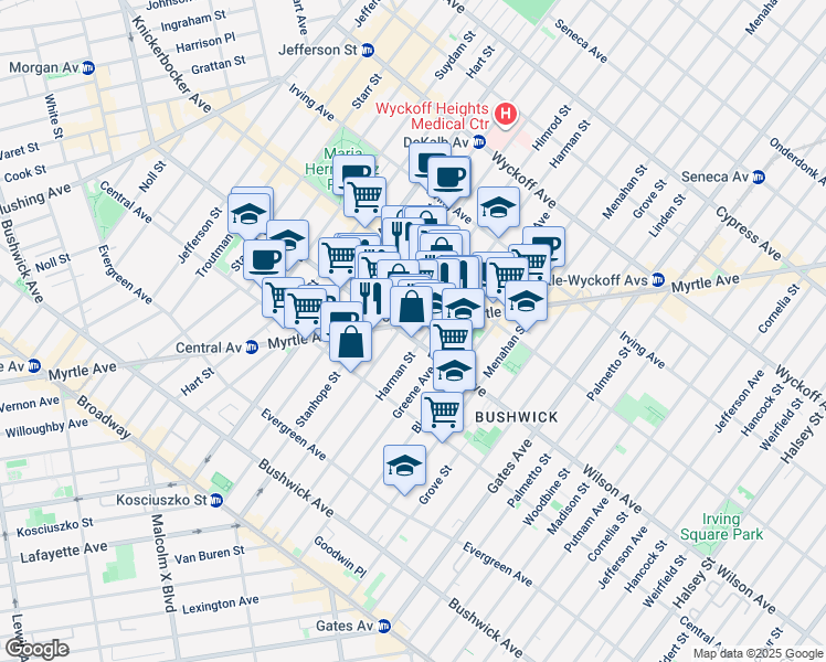 map of restaurants, bars, coffee shops, grocery stores, and more near 226 Wilson Avenue in Brooklyn
