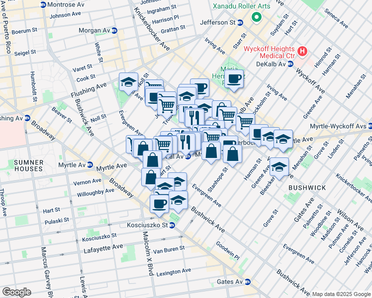 map of restaurants, bars, coffee shops, grocery stores, and more near 1248 Myrtle Avenue in Brooklyn