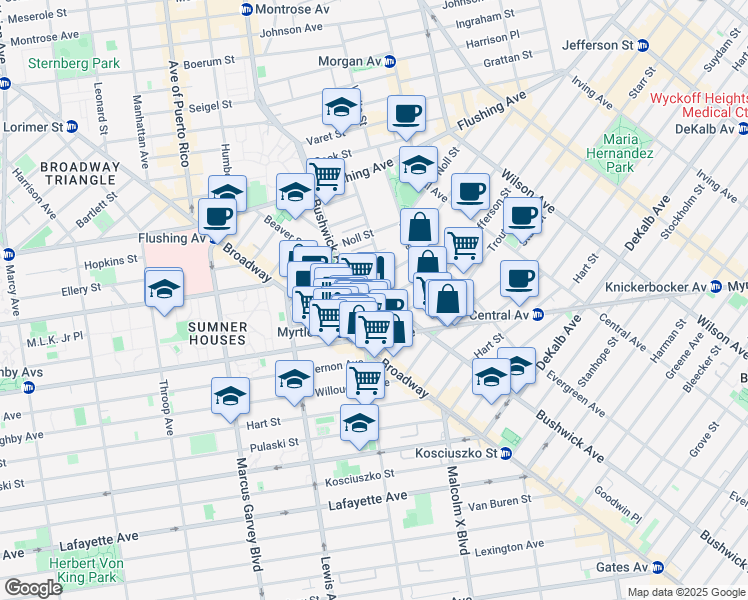 map of restaurants, bars, coffee shops, grocery stores, and more near 34 Melrose Street in Brooklyn