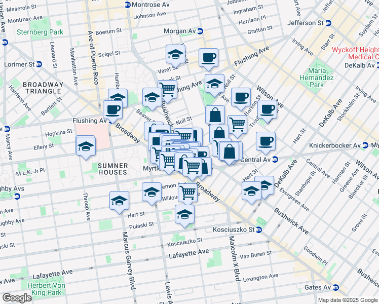 map of restaurants, bars, coffee shops, grocery stores, and more near 34 Melrose Street in Brooklyn