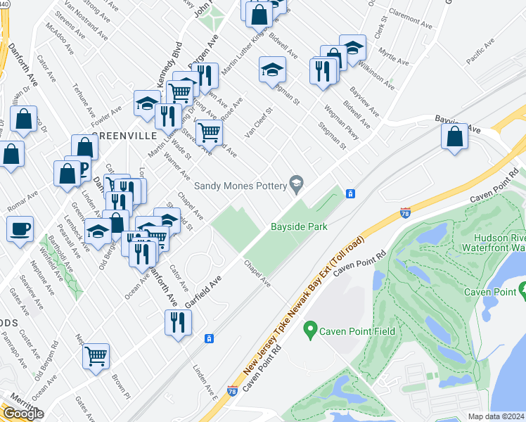map of restaurants, bars, coffee shops, grocery stores, and more near 457 Garfield Avenue in Jersey City