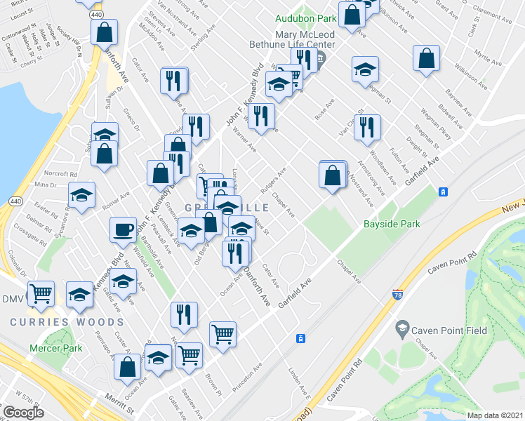 map of restaurants, bars, coffee shops, grocery stores, and more near 33 Sheffield Street in Jersey City