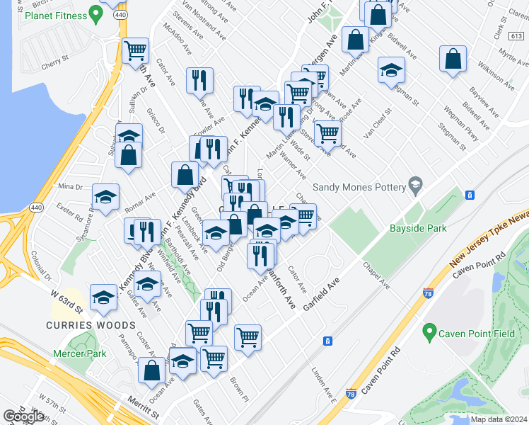 map of restaurants, bars, coffee shops, grocery stores, and more near 10 Rutgers Avenue in Jersey City