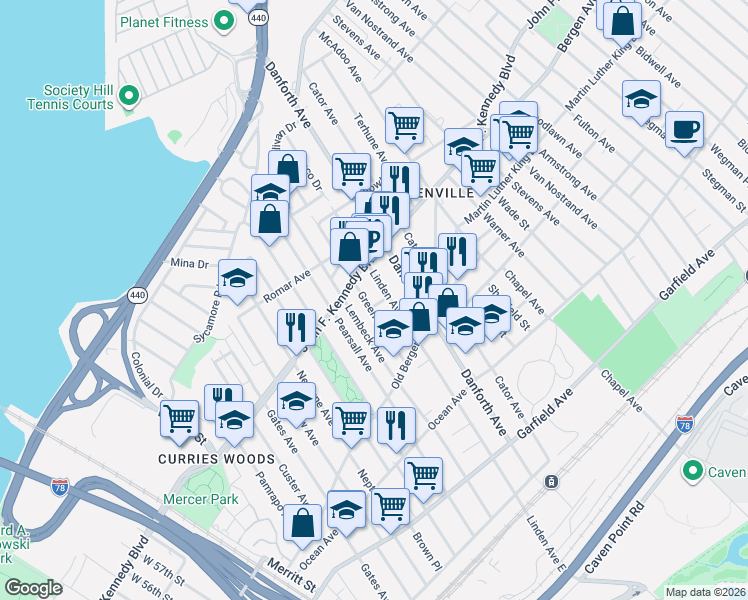 map of restaurants, bars, coffee shops, grocery stores, and more near 65 Greenville Avenue in Jersey City