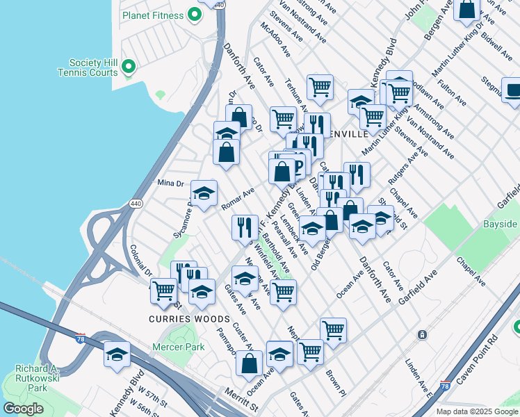 map of restaurants, bars, coffee shops, grocery stores, and more near 1657 John F. Kennedy Boulevard in Jersey City