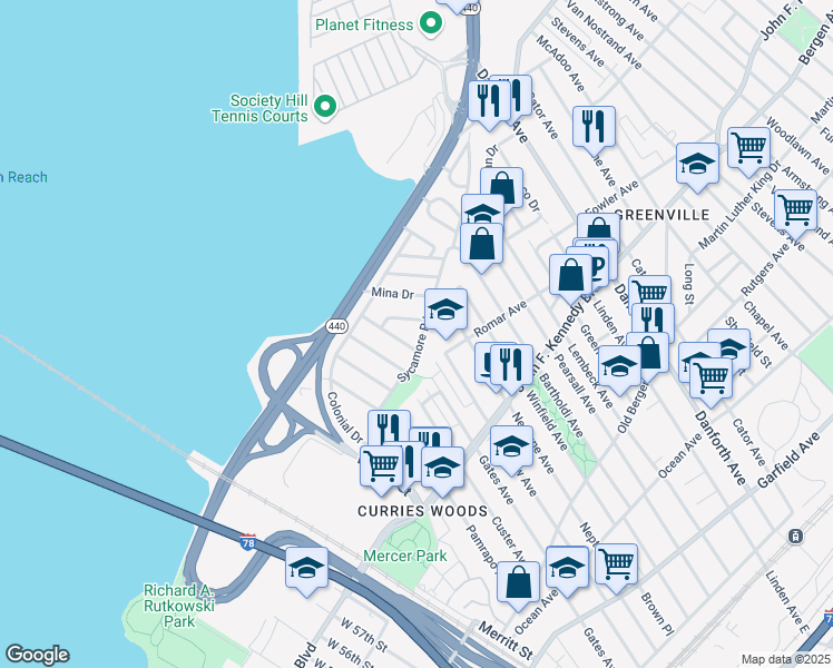 map of restaurants, bars, coffee shops, grocery stores, and more near 72 Sycamore Road in Jersey City