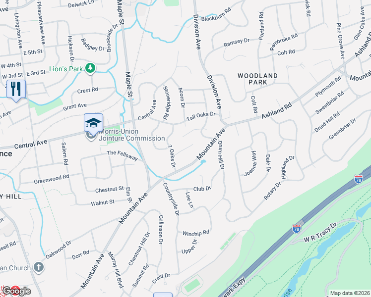 map of restaurants, bars, coffee shops, grocery stores, and more near 27 Hillside Terrace in Summit