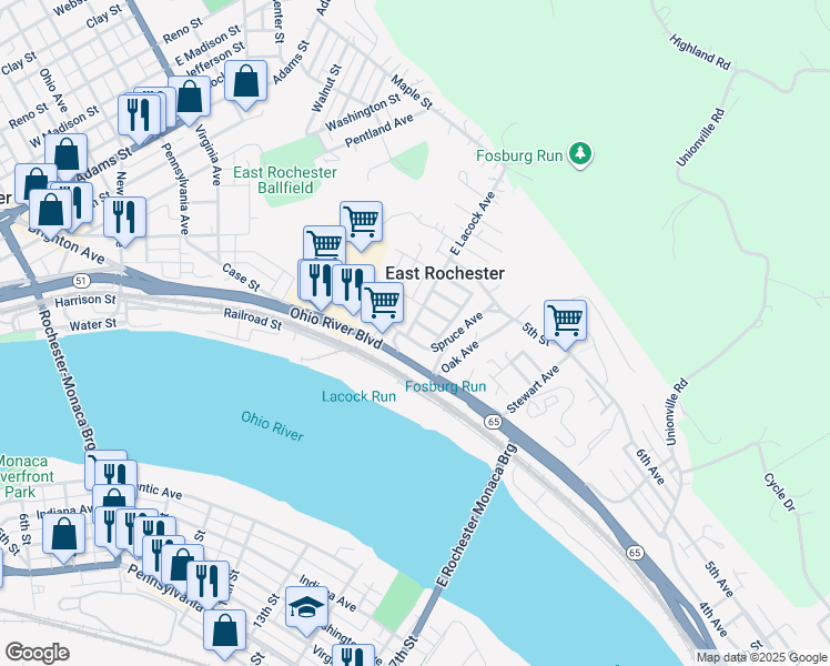 map of restaurants, bars, coffee shops, grocery stores, and more near 801 Spruce Street in Rochester