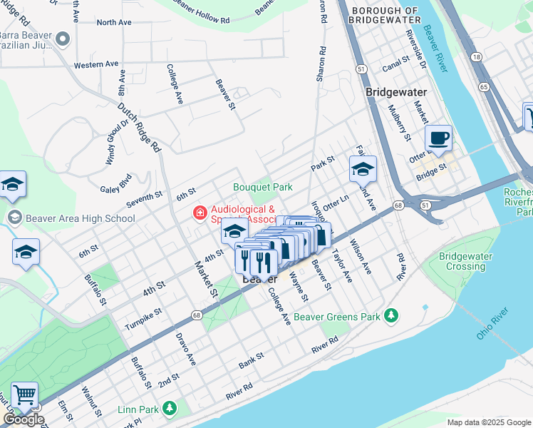 map of restaurants, bars, coffee shops, grocery stores, and more near 446 4th Street in Beaver