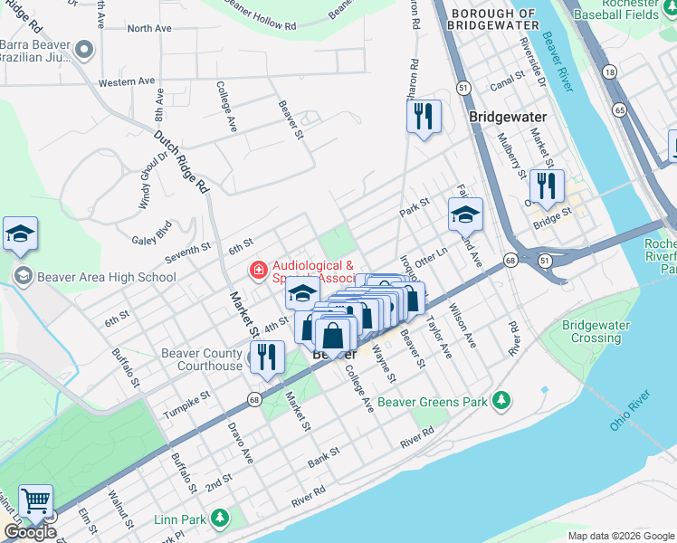 map of restaurants, bars, coffee shops, grocery stores, and more near 446 4th Street in Beaver