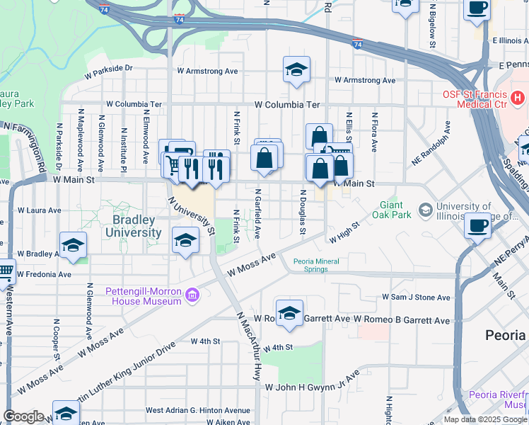 map of restaurants, bars, coffee shops, grocery stores, and more near 832 West Saint James Street in Peoria
