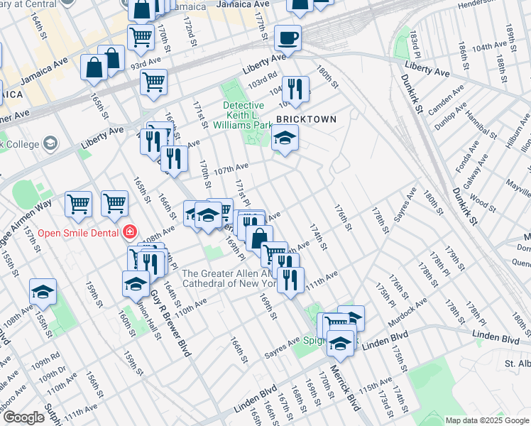 map of restaurants, bars, coffee shops, grocery stores, and more near 108-51 171st Place in Queens
