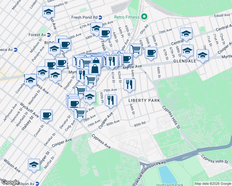 map of restaurants, bars, coffee shops, grocery stores, and more near in Queens