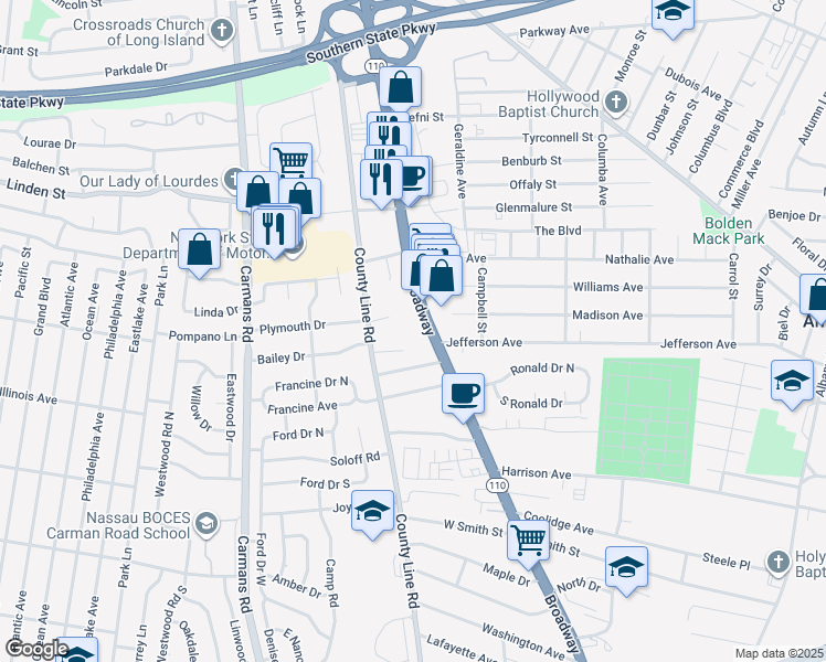 map of restaurants, bars, coffee shops, grocery stores, and more near 70051 Broadway in Amityville