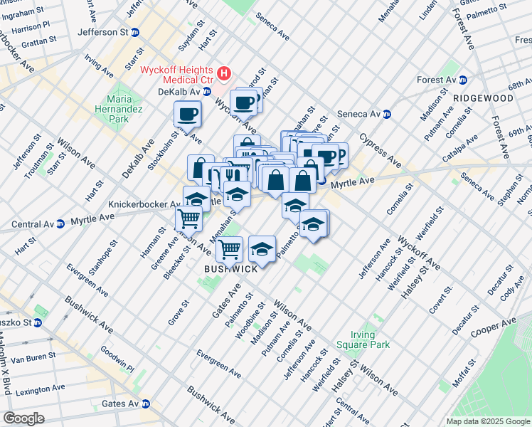 map of restaurants, bars, coffee shops, grocery stores, and more near 288 Grove Street in Brooklyn