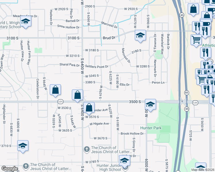 map of restaurants, bars, coffee shops, grocery stores, and more near 6210 Chantay Drive in West Valley City