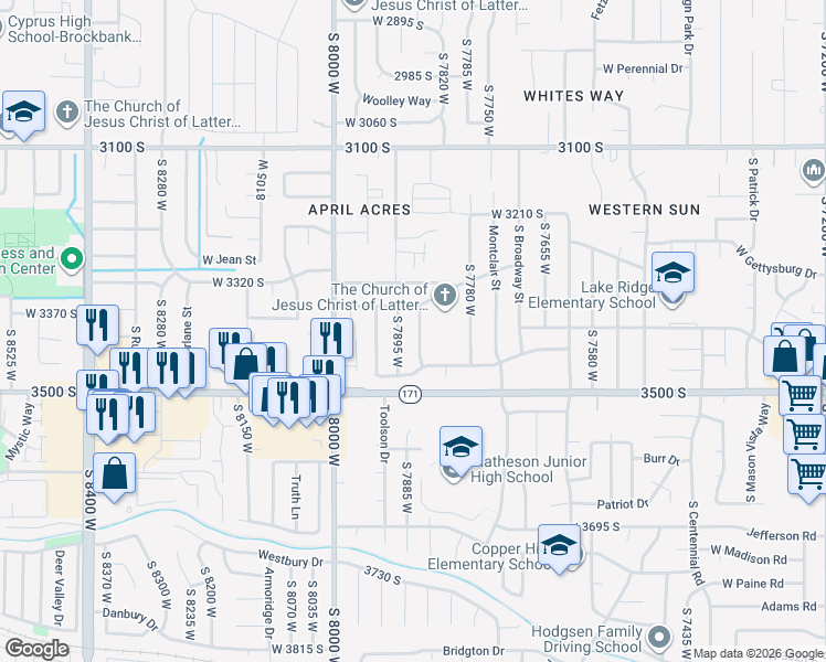 map of restaurants, bars, coffee shops, grocery stores, and more near 3421 South 7860 West in Magna