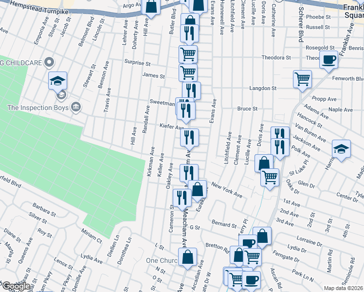 map of restaurants, bars, coffee shops, grocery stores, and more near 1379 News Avenue in Elmont