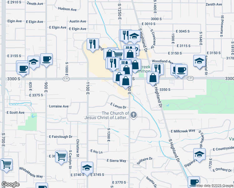 map of restaurants, bars, coffee shops, grocery stores, and more near 1231 East Ridgedale Lane in Salt Lake City