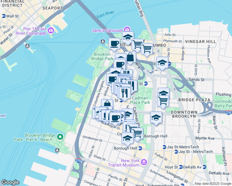 map of restaurants, bars, coffee shops, grocery stores, and more near 44 Pineapple Street in Brooklyn