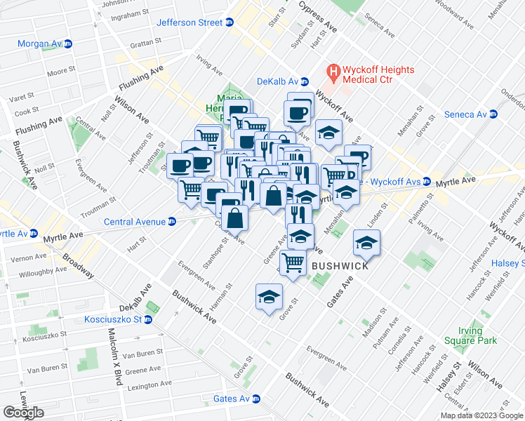 map of restaurants, bars, coffee shops, grocery stores, and more near 1350 Myrtle Avenue in Brooklyn