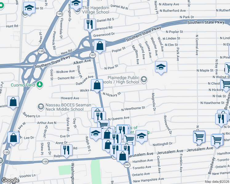 map of restaurants, bars, coffee shops, grocery stores, and more near 358 North Hickory Street in Massapequa