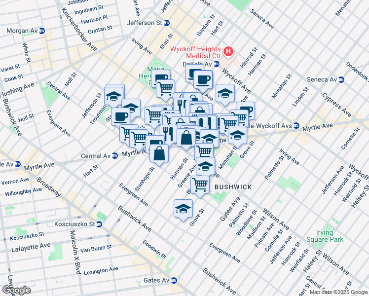 map of restaurants, bars, coffee shops, grocery stores, and more near 226 Wilson Avenue in Brooklyn