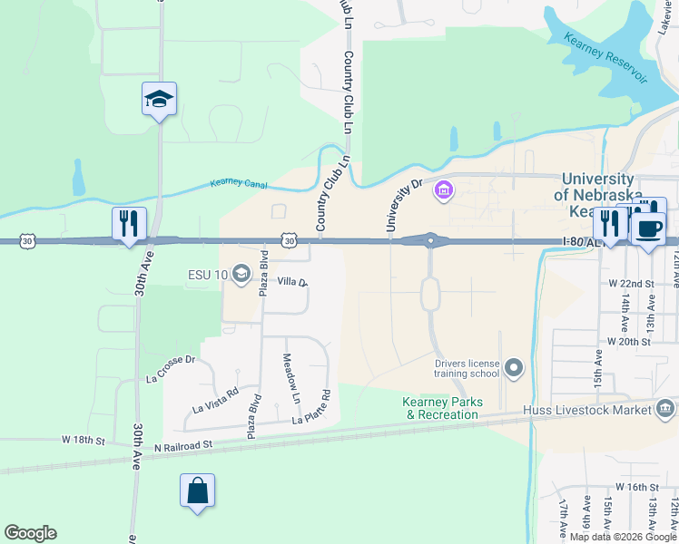 map of restaurants, bars, coffee shops, grocery stores, and more near 73 Villa Drive in Kearney