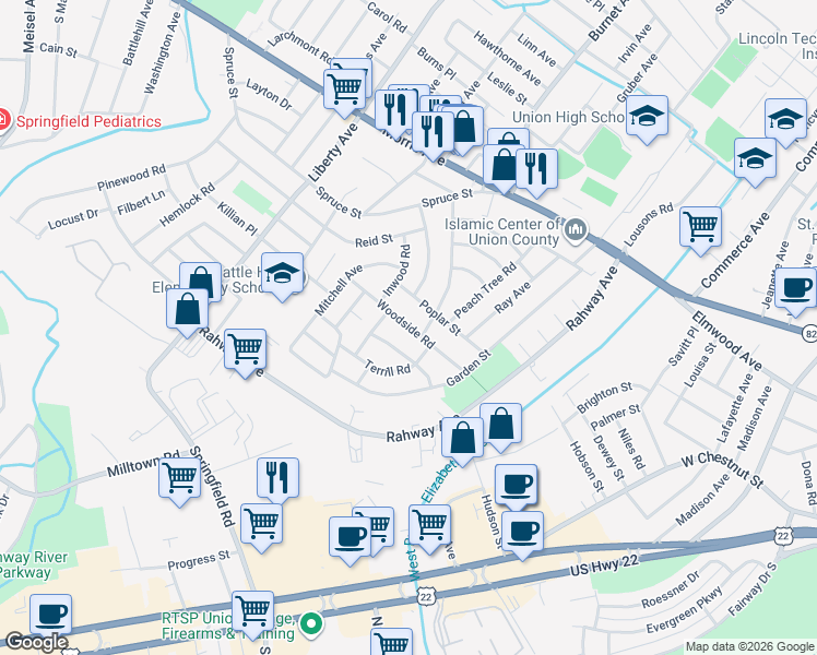 map of restaurants, bars, coffee shops, grocery stores, and more near 2459 Brentwood Road in Union