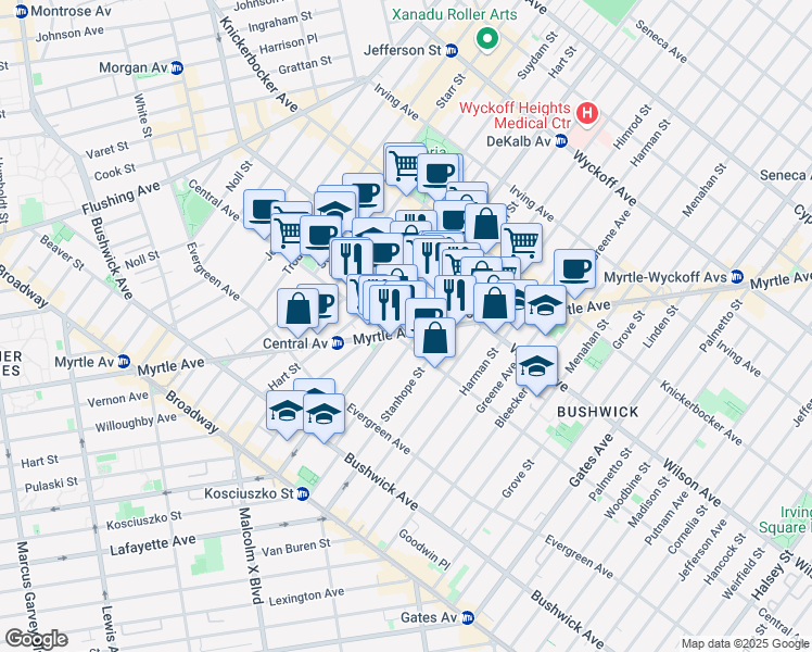 map of restaurants, bars, coffee shops, grocery stores, and more near 1323 Myrtle Avenue in Brooklyn