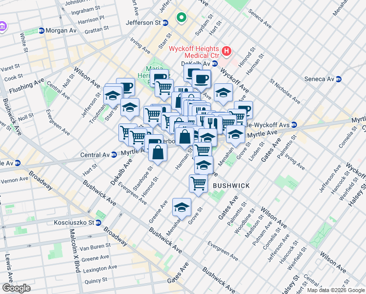 map of restaurants, bars, coffee shops, grocery stores, and more near 226 Wilson Avenue in Brooklyn