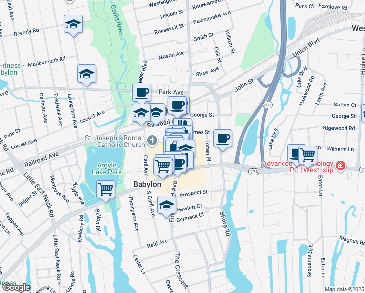 map of restaurants, bars, coffee shops, grocery stores, and more near 90 Deer Park Avenue in Babylon