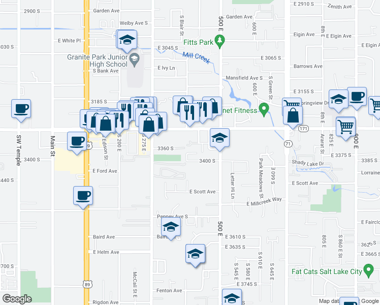 map of restaurants, bars, coffee shops, grocery stores, and more near 406 3335 South Street in South Salt Lake