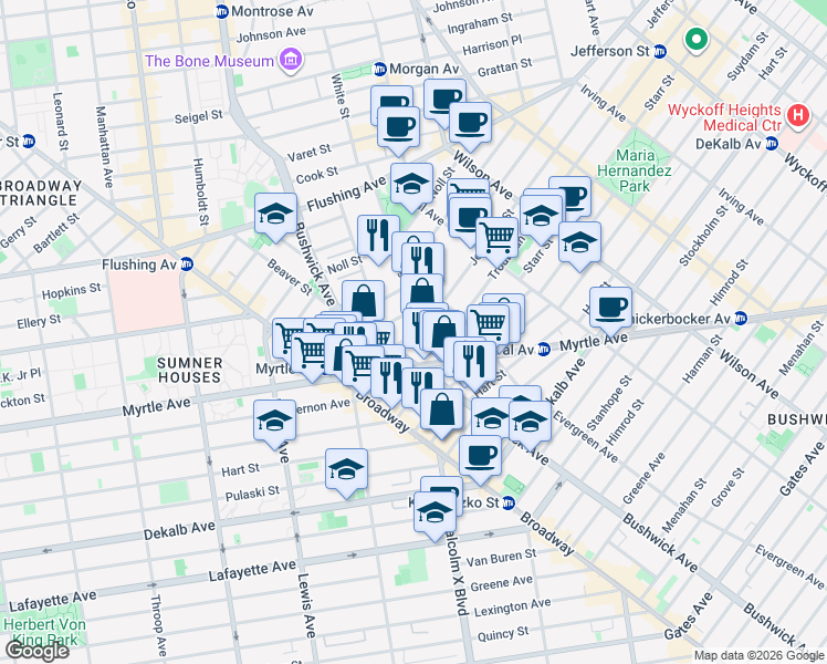 map of restaurants, bars, coffee shops, grocery stores, and more near 39 Troutman Street in Brooklyn