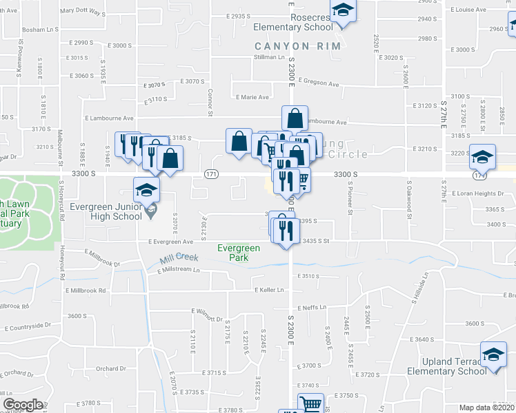 map of restaurants, bars, coffee shops, grocery stores, and more near 2237 3380 South in Salt Lake City