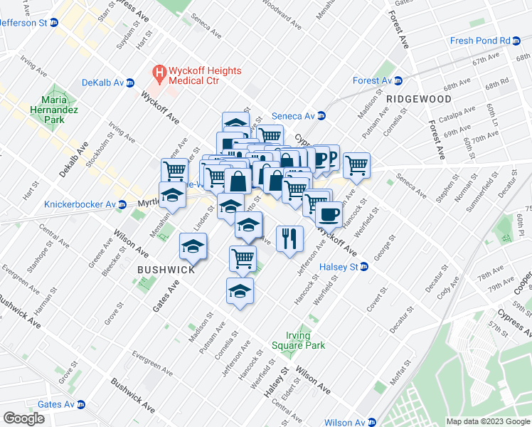 map of restaurants, bars, coffee shops, grocery stores, and more near Woodbine Street & Ridgewood Place in Brooklyn
