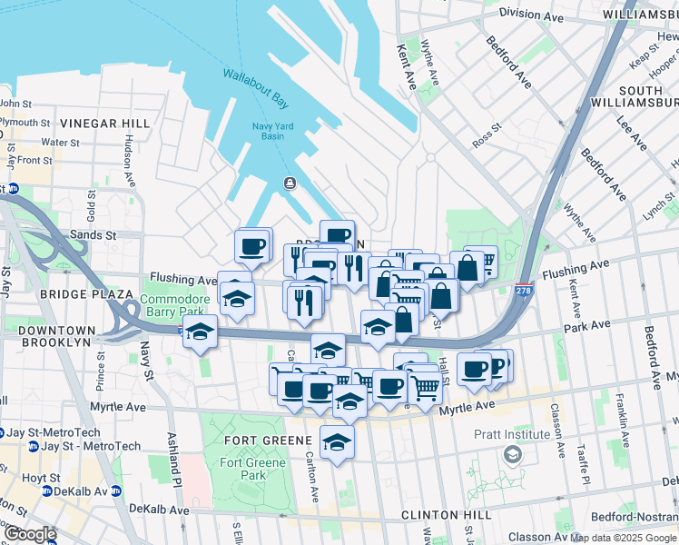 map of restaurants, bars, coffee shops, grocery stores, and more near 141 Flushing Avenue in Brooklyn