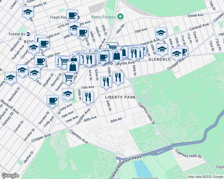map of restaurants, bars, coffee shops, grocery stores, and more near 6431 Cooper Avenue in Queens