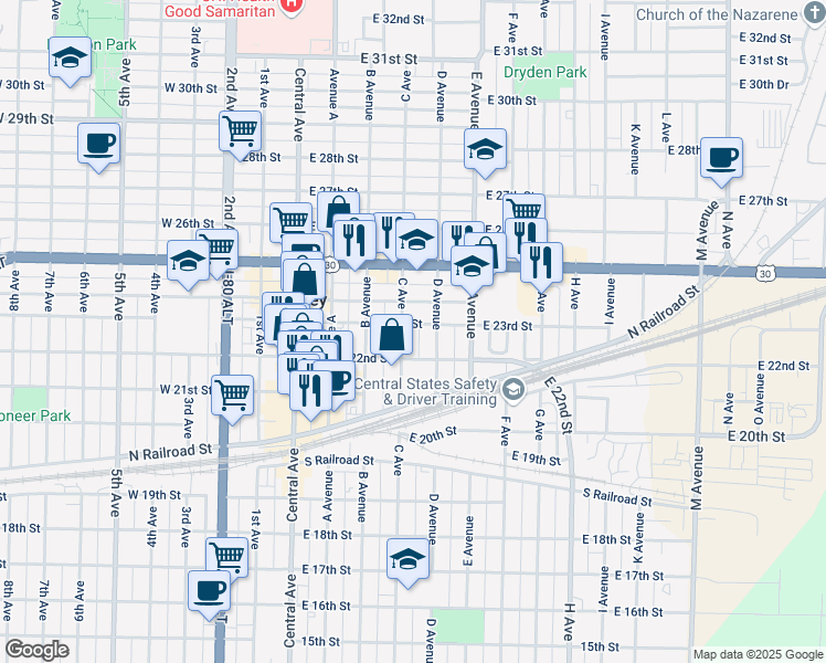 map of restaurants, bars, coffee shops, grocery stores, and more near 2200-2298 Ave D in Kearney