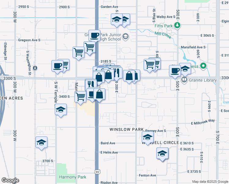 map of restaurants, bars, coffee shops, grocery stores, and more near 3368 South 200 East in South Salt Lake
