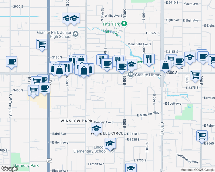 map of restaurants, bars, coffee shops, grocery stores, and more near 441 East 3400 South in South Salt Lake