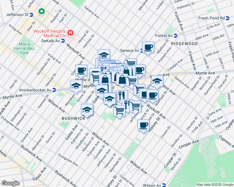 map of restaurants, bars, coffee shops, grocery stores, and more near 404 Woodbine Street in Brooklyn