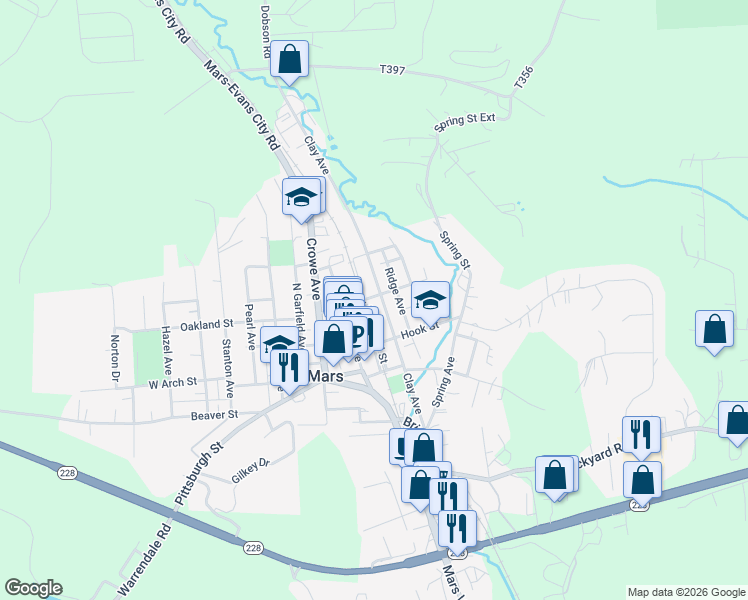 map of restaurants, bars, coffee shops, grocery stores, and more near 205 West School Street in Mars