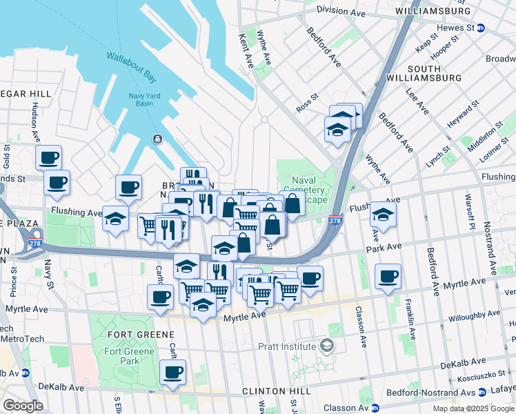 map of restaurants, bars, coffee shops, grocery stores, and more near 25 Washington Avenue in Brooklyn