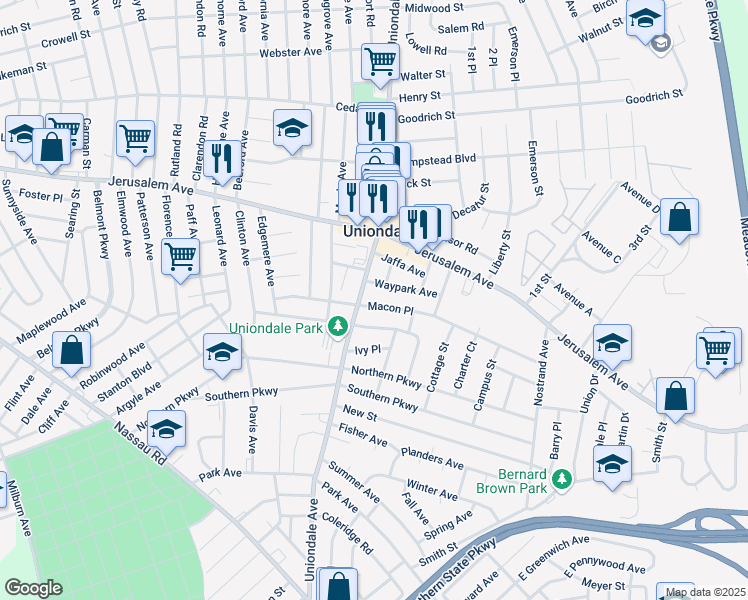 map of restaurants, bars, coffee shops, grocery stores, and more near 674 Macon Place in Uniondale