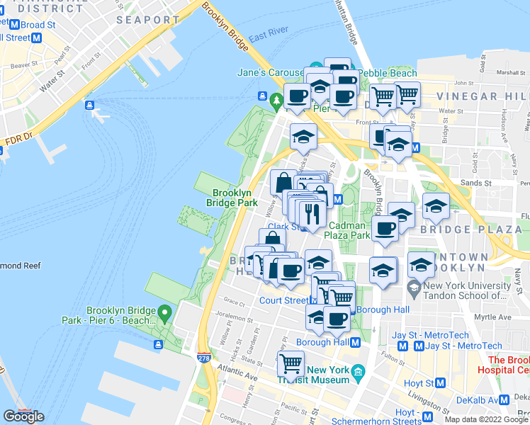 map of restaurants, bars, coffee shops, grocery stores, and more near 25 Clark Street in Brooklyn